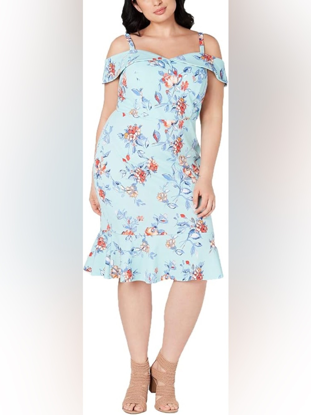 New! Love Squared Dress Off the Shoulder Midi Floral Blue Plus Sz 1X